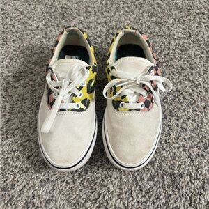 Vans Off White Suede Sneakers with Pink and Yellow Leopard Panels